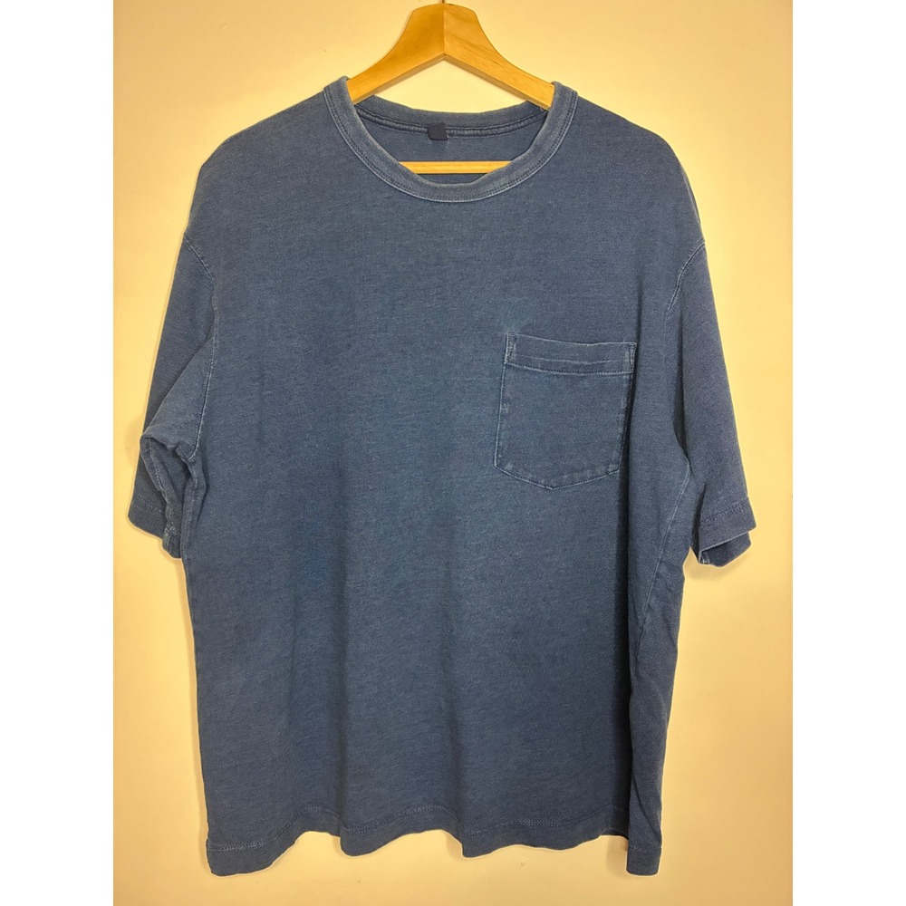 UNIQLO Indigo Blue Jean Faded Wash Short Sleeve Pocket T-Shirt Crew Neck Cotton